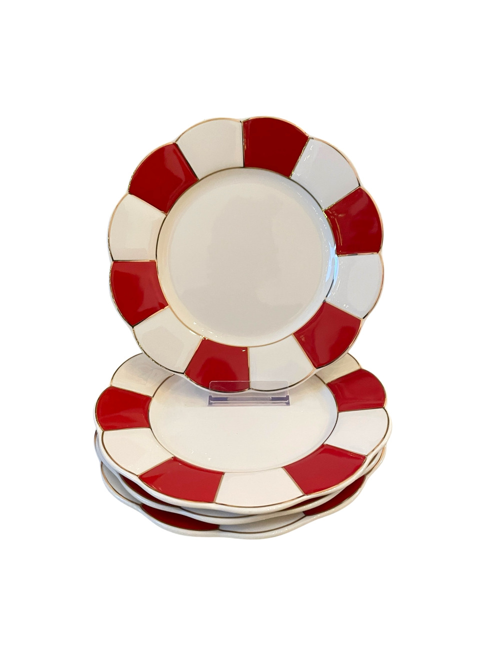 Grace Teaware Porcelain Salad Plate 8in Red & White Stripe Gold Trim Set 4 New